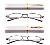 Fads & Fashions 2 x PAIRS MIX N MATCH Pen Holder Gunmetal Grey Frame Compact Reading Glasses with Case MT74 (2 x Silver, 1.50)