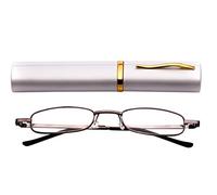 Fads & Fashions MT74 Pen Holder Grey or Silver Frame Compact Reading Glasses with Case with 12 Lens Strength Variations Up to +3.75 (Grey Frame with Silver Case, 3.5)