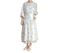 FADUOFA Japanese Cotton Pinafore Apron Dress for Women with Waist Tie,Kitchen Garden Work Clothes Bib Dress, White Butterfly Flower, One size fits most