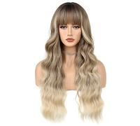 FAELBATY Long Curly Wig, Blonde to Dark Brown Ombre, 25" Synthetic, Heat Resistant, Full Coverage, Standard Hairline, Medium to Full Density