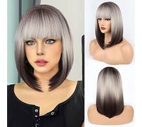FAELBATY Short Straight Bob Wig - 14" with Air Bangs, Brown Blonde Ombre, Shoulder Length, Cosplay Wig for Women and Girls, Dark Roots, Gray Natural Synthetic Hair