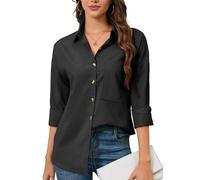 FaerieFlair Black Shirt Womens Long Sleeve Plain Fitted Stretch Office Work Business Casual Formal Shirt Blouse with Pocket Black L