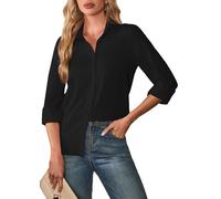 FaerieFlair Black Tops for Women UK Casual Long Sleeve Shirts V Neck Button Down Blouse Office Work Business Casual Daily Formal Clothes 16 18XL