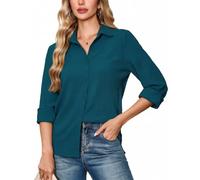 FaerieFlair Blouses for Women UK Elegant Smart 3/4 Sleeve Dressy Tunic Tops Loose Flowy V Neck Ladies Work Shirts Sexy Going Out Travel Halloween Outfit Teal Size 22-24