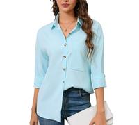 FaerieFlair Blouses for Women UK Elegant Smart Plain V Neck Button Down Shirts Long Sleeve Blouse Tops with Pocket Light Green S
