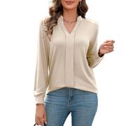 FaerieFlair Blouses for Women UK Ladies V Neck Long Sleeve Shirts Pleated Front Khaki Tops Spring Fashion Holiday Clothes Business Casual Attire Beige Size 6-8