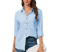 FaerieFlair Blouses for Women UK Long Sleeve V Neck Button Down Shirt V Neck Elegant Blouses Loose Work Office Business Casual Tops Light Blue XL