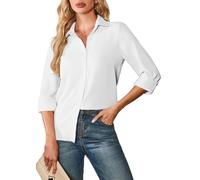 FaerieFlair Blouses for Women UK V Neck Long Sleeve Solid Womens Tops Executive Office Work Business Casual Formal Button Down Shirt White L 14-16