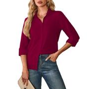 FaerieFlair Shirt for Women UK Casual Long Sleeve Blouses Ladies Button Up Shirts V-Neck Loose Fit Basic Tops for Daily Office Work L Size 14 16 Wine Red