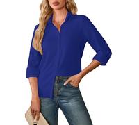 FaerieFlair Shirt for Women UK Casual Long Sleeve Chiffon Blouses Collared Buttoned Blouse V-Neck Loose Fit Basic Tops for Daily Office Work Royal Blue Size 6 8 S