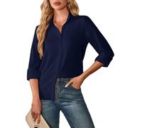 FaerieFlair Shirt for Women UK Casual Long Sleeve Chiffon Blouses Collared Buttoned Blouse V-Neck Loose Fit Basic Tops for Daily Office Work 6 8 S Navy Blue