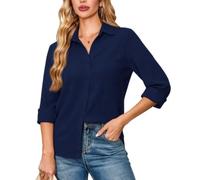 FaerieFlair Shirts for Women Casual Long Sleeve Chiffon Blouses Collared Button Up Dress Shirts V-Neck Basic Work Summer Tops 14 16 L Navy Blue