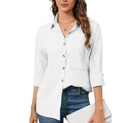 FaerieFlair White Blouses for Women UK Casual Long Sleeve Shirts V Neck Button Down Basic Loose Tunic Tops White Size 14 Size 16