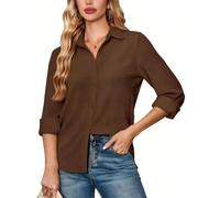 FaerieFlair Womens Blouses Button Down Shirts Collared Roll-Up Long Sleeve Tops Soft Wrinkle Free No Iron Blouse, Tunic Tops for Women UK Soft Halloween Holiday Outfits Brown Size 16-18
