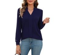 FaerieFlair Women's Blouses & Shirts Long Sleeve Pleated Tops Baggy V Neck Plain Shirts Classic Business Casual Outfits Winter Work Clothes Navy Blue S