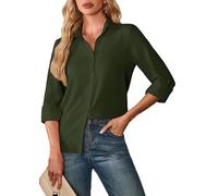 FaerieFlair Women's Blouses & Shirts Summer 3/4 Sleeve Top Chiffon V-Neck Button Up Shirts Casual Wrinkle Free Tops Tunic Clothes Outfits Army Green L 14-16