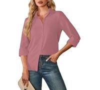 FaerieFlair Women's Button Down Shirts Long Sleeve Blouse Pink Tops Collared V Neck Button Up Dress Shirts Dressy Casual Outfits Dark Pink Size 18 20 XL
