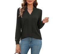 FaerieFlair Womens Tops Long Sleeve V Neck Flowy Polo Shirts Fall Cotton Plain Basic Tops Teacher Office Smart Work Elegant Tunic Blouse Size 14-16 Black