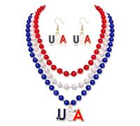 FAERLIIRY 4th of July Jewelry Set Red White and Blue Triple Layered Beaded Necklace USA Dangle Earrings Patriotic Jewelry Independence Day Gift for Women