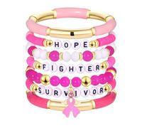 FAERLIIRY Pink Ribbon Bracelets Breast Cancer Survivor Gifts for Woman Glitter Beaded Bracelet HOPE FIGHT Pink Bracelets Breast Cancer Survivor Support Jewelry Gifts, 2.5, Glass, no gemstone
