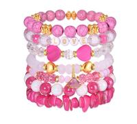 FAERLIIRY Valentine’s Day Bracelets Heishi Stretch Bracelets for Women Red Heart Charms Bracelets LOVE KISS XOXO Stackable Bracelet Holiday Party Gifts, L, Alloy Steel, no gemstone