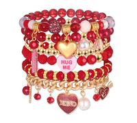 FAERLIIRY Valentine’s Day Bracelets Heishi Stretch Bracelets for Women Red Heart Charms Bracelets LOVE KISS XOXO Stackable Bracelet Holiday Party Gifts, L, Alloy Steel, no gemstone