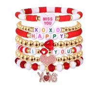 FAERLIIRY Valentine’s Day Bracelets Heishi Stretch Bracelets for Women Red Heart Charms Bracelets LOVE KISS XOXO Stackable Bracelet Holiday Party Gifts, L, Alloy Steel, no gemstone