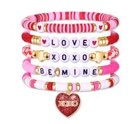 FAERLIIRY Valentine’s Day Bracelets Heishi Stretch Bracelets for Women Red Heart Charms Bracelets LOVE KISS XOXO Stackable Bracelet Holiday Party Gifts, L, Alloy Steel, no gemstone