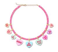 FAERLIIRY Valentines Day Necklace Pink Sparkly Sequins Valentines Day Candy Heart Choker Message Charms Pendant Necklace Chunky Link Chain Necklace KISS ME BE MINE Heart Valentine’s Day Accessories