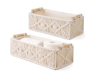 Faeymth Cabinet Organizer Box Set of 2 Macrame Storage Baskets Handmade Woven Boho Decor Countertop Toilet Tank Shelf Lvory