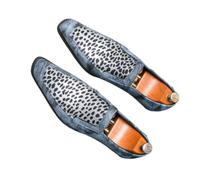 FAFBV Mens Loafers Low Block Heel Casual Slip On Shoes | PU Insole,Rubber Sole,Stitch Detail,Leopard Print,Gradient Patchwork,Blue White,Panelled Face,Spring Summer