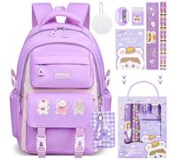 Fafeuai Cute Gifts for Teen Girls - 12PCS Purple Backpack Set with Plush Charm, School Supplies, Pencil Case, Card Holder, Lanyard & Badges - Kawaii Aesthetic Bookbag for Birthday or Back to School