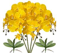 FagusHome 32 Inches Artificial Phalaenopsis Flowers 4 Pcs with 2 bundles Leaves Artificial Orchid Flowers Stem Plants for Home Décor (Yellow)