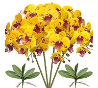 FagusHome 32 Inches Artificial Phalaenopsis Flowers 4 Pcs with 2 bundles Leaves Artificial Orchid Flowers Stem Plants for Home Décor (Yellow Piebald)