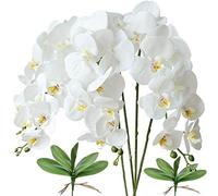 FagusHome 32 Inches Artificial Phalaenopsis Flowers 4 Pcs with 2 bundles Leaves Artificial Orchid Flowers Stem Plants for Home Décor (White)