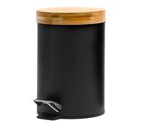 FAHAAM Bathroom Pedal Bin 3l with Bamboo Top, Small Pedal Waste Bin with Bamboo Lid, Round Bathroombin, Toiletbin for Small Spaces, Plastic Rubbish Bin for Home, Kitchen, Bedroom. (Black)