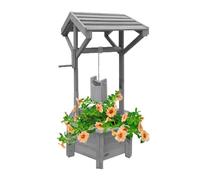 FAHAAM Grey Wooden Wishing Well Planter for Garden and Patio Decor with Hanging Bucket - Outdoor Plant Display and Flower Ornament
