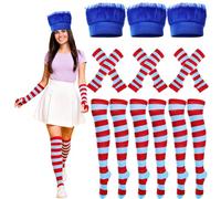 Fahacop 9 Pcs Adult Blue Hairy Costume Accessories Set Includes Hair Hat Wig Red Blue Striped Socks and Sleeves for Halloween Cosplay Party
