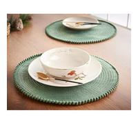 FAHD Traders Pom Pom Placemats 4pk - Green & Gold | Vintage Round Placemats for Dining Table Protection | Stylish and Easy-to-Clean Polyester Mats | Perfect Home Decor Addition