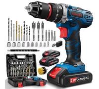 FAHEFANA 21V Cordless Drill, 45Nm Hammer Combi Drill with 2 Batteries 2.0Ah, 25+3 Torque Powerdrill, 2-Speed Electric Impact Screwdriver Set, LED Light, Power Tools for Home and Garden