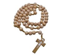 [FAHIA] Handmade Rosary Necklace with Wooden Beads and Wood Cross Pendant for Religious Christian Prayer Neckwear Gift
