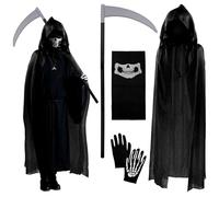Fahibin 4 Pcs Halloween Grim Reaper Costume Set, Skeleton Robe Costumes, Skeleton Glow Gloves Skull Mask Scythe Outfit, Halloween Costumes for Men and Women