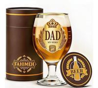 FAHIMEH Beer Glass for Dad Birthday Gifts, 400ml Presents for Father's Day Christmas, from Daughter or Son Daddy Personalised Ideas Gift Glass with Coaster