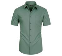 FAHIZO Men's Adult Short Sleeve Dress Shirt Regular Fit Soild Casual Business Stretch Button Down Shirts with Pocket, Teal, Large