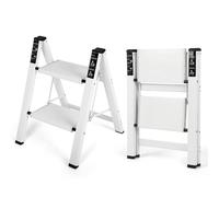 FAHKNS 2 Step Ladder, Aluminum Folding Step Stool with Anti-Slip Sturdy and Wide Pedal, Portable Space Saving Closet Step Stool for Home and Kitchen, Step Stools for Adults, White, 330Lbs