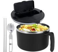 FAHOI 1200ml Rapid Ramen Bowl with Filterable Lid, Handle, Phone Stand - Black Stainless Steel Noodle Bowl with Spoon Chopsticks - Dishwasher Safe - Modern - Unisex - 1 Count
