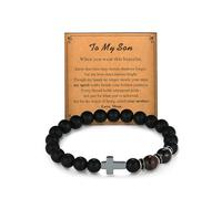 Fahonie Mens Cross Bead Bracelet, Black Onyx Beads Cross Charm Bracelet Faith Religious Christian Christmas Jewelry Gift for Men, Brothers & Sons Ideal Gift, Stone, Cubic Zirconia