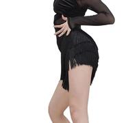 Fahoujs Elastic Waist Skirt for Latin Dance Black Fringe Design Quick Dry Polyester Fabric Theater Women ' s