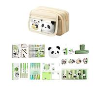 Fahoujs Zippered Pencil Case with 9 Compartments Cultural Panda Artwork Canvas Bag for Students Workplace Essentials Environmentally Friendly Fabric Pencil Case Set
