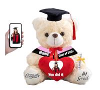 FAHOXUMR 2025 Graduation Bear with Heart, Personalised Teddy Bear Stuffed Animal as 2025 Graduation Gifts for Her Him as High School College Kindergarten Graduation Gift for Kids (10 IN-Text+Photo)